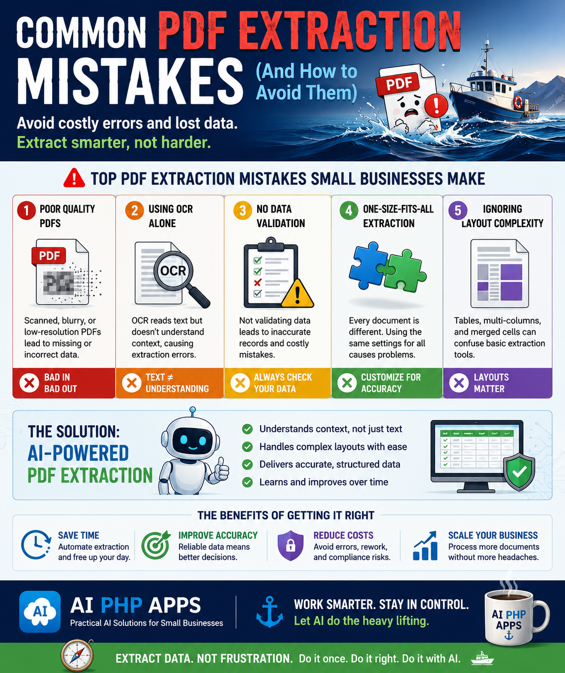Infographic showing common PDF extraction mistakes and best practices for AI-powered document processing.