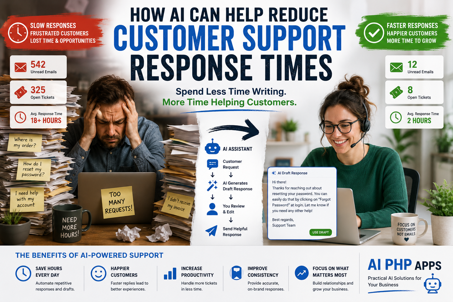 Customer support team using AI-assisted response tools to reduce support response times, improve productivity, and help customers faster.