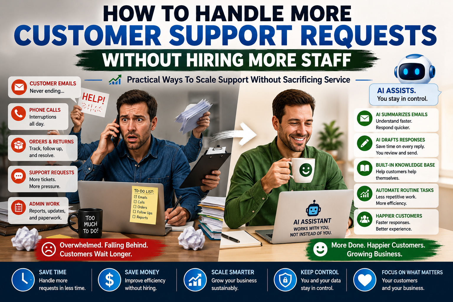 Small business owner overwhelmed by support requests using AI-assisted tools to handle more customer support without hiring additional staff.