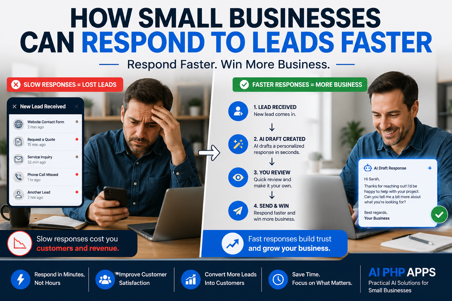 Small business owner using AI-assisted lead response tools to reply to customer inquiries faster and improve lead response times.