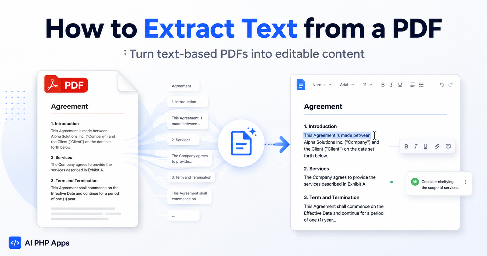 Illustration showing text being extracted from a PDF into an editable business document