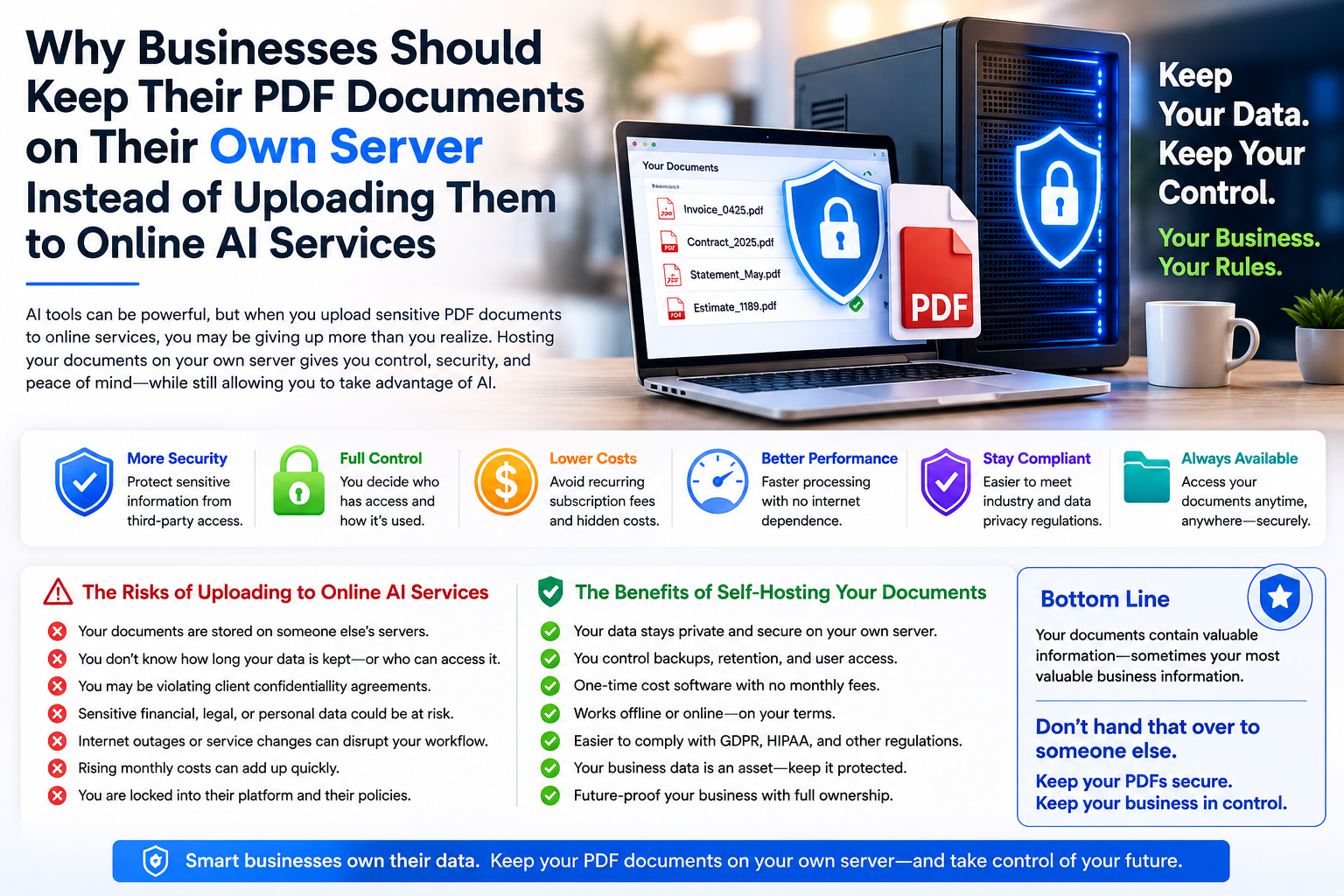 Business securely processing PDF documents on its own server using self-hosted AI software