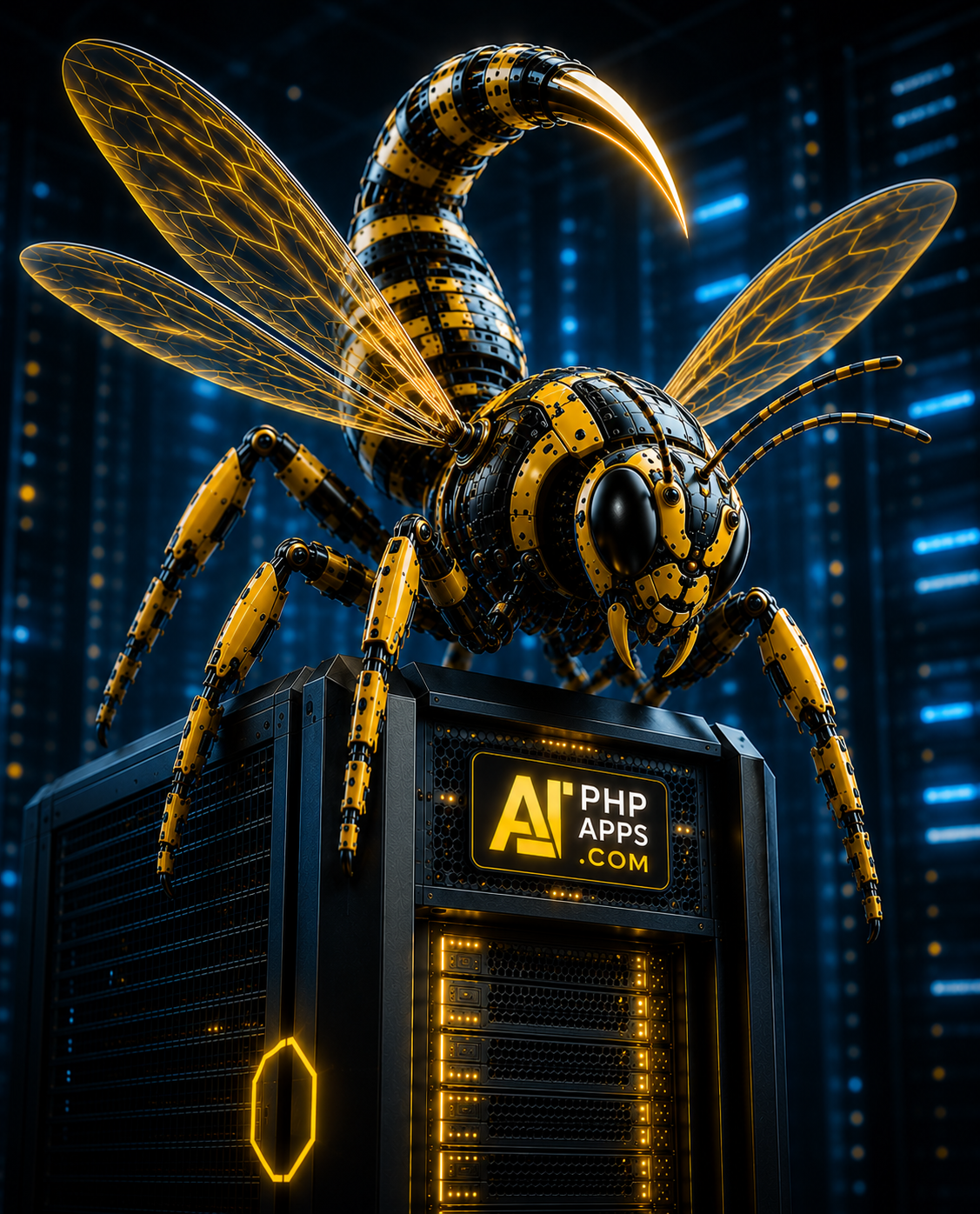 Robotic yellow jacket web hosting mascot